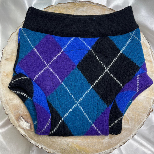 Upcycled Wool Cover - Size Large - Blue/Purple Argyle